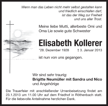Traueranzeige von Elisabeth Kollerer von Pegnitz-Zeitung